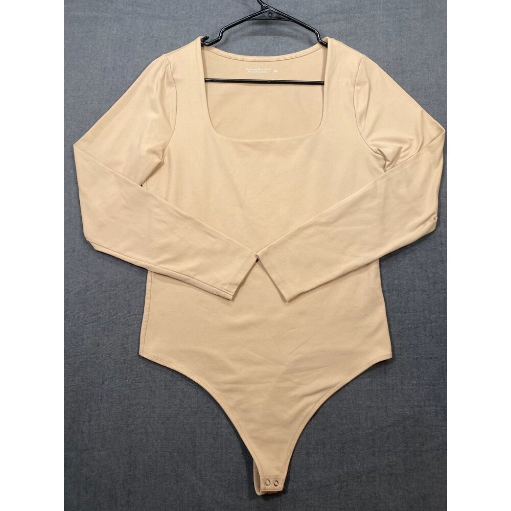 Abercrombie & Fitch Long Sleeve Beige Bodysuit Square Neck Snap Womens Size L
